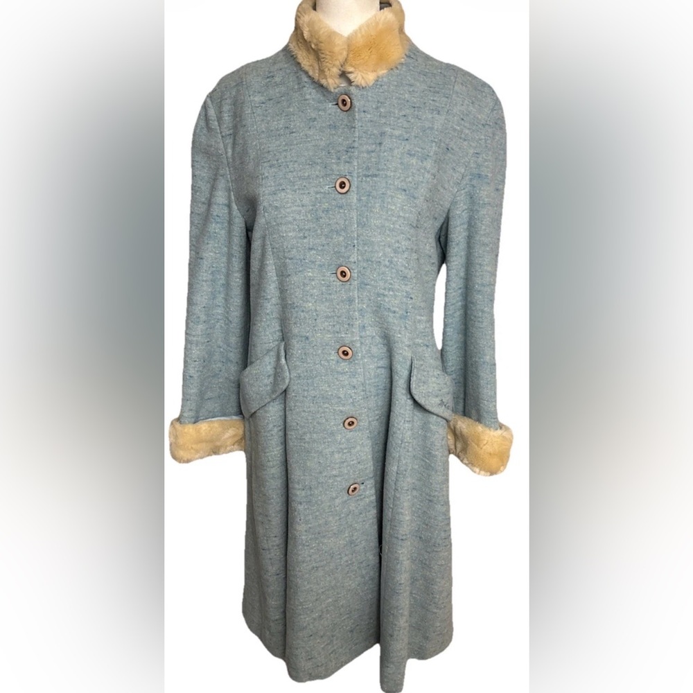 RARE VTG Long Coat icy Blue 50/60s Faux Fur cuffs Pockets Silk Liner S/M